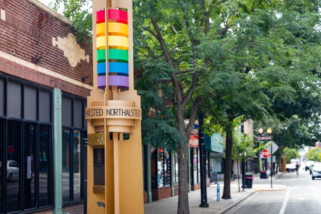 Rainbow and bronze metal 'Northalsted' neighborhood sculpture in Chicago's Northalsted and Boystown neighborhood. Rainbow and bronze metal 'Northalsted' neighborhood sculpture in Chicago's Northalsted and Boystown neighborhood.
